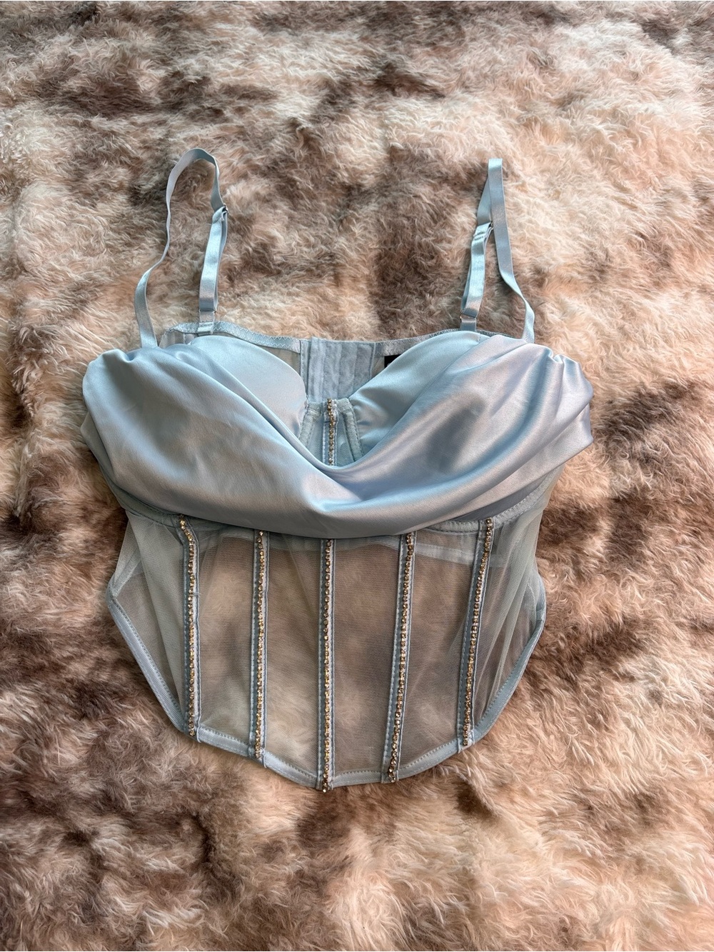Windsor Light Blue Corset top with Draped Neckline and silver rhinestones